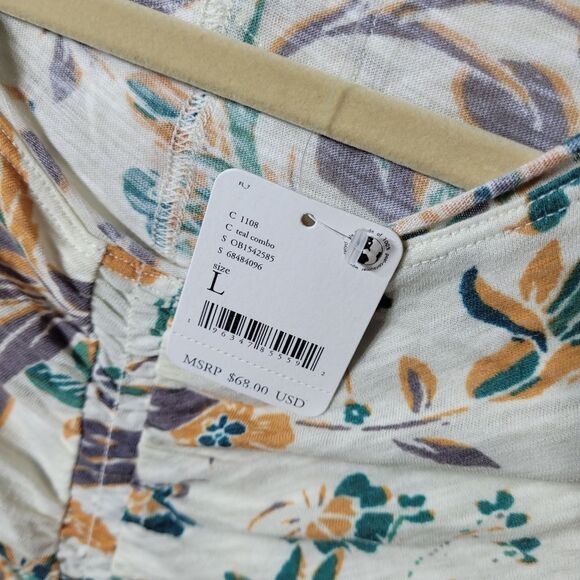 NEW L FREE PEOPLE TAN TEAL GREEN FLORAL LETTUCE LONG SLEEVE TOP LARGE NWT - Picture 2 of 7